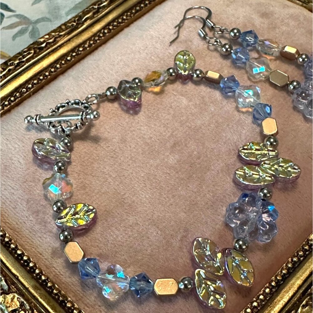 Handmade Crystal Flower Bracelet & Earrings Set With Toggle Clasp Floral Acce - Picture 3 of 9